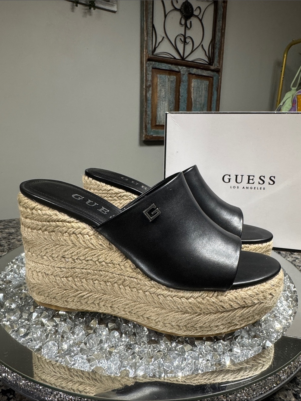 GUESS Evba Black Leather Espadrille Wedge Slides Braided Jute Platform NEW 9